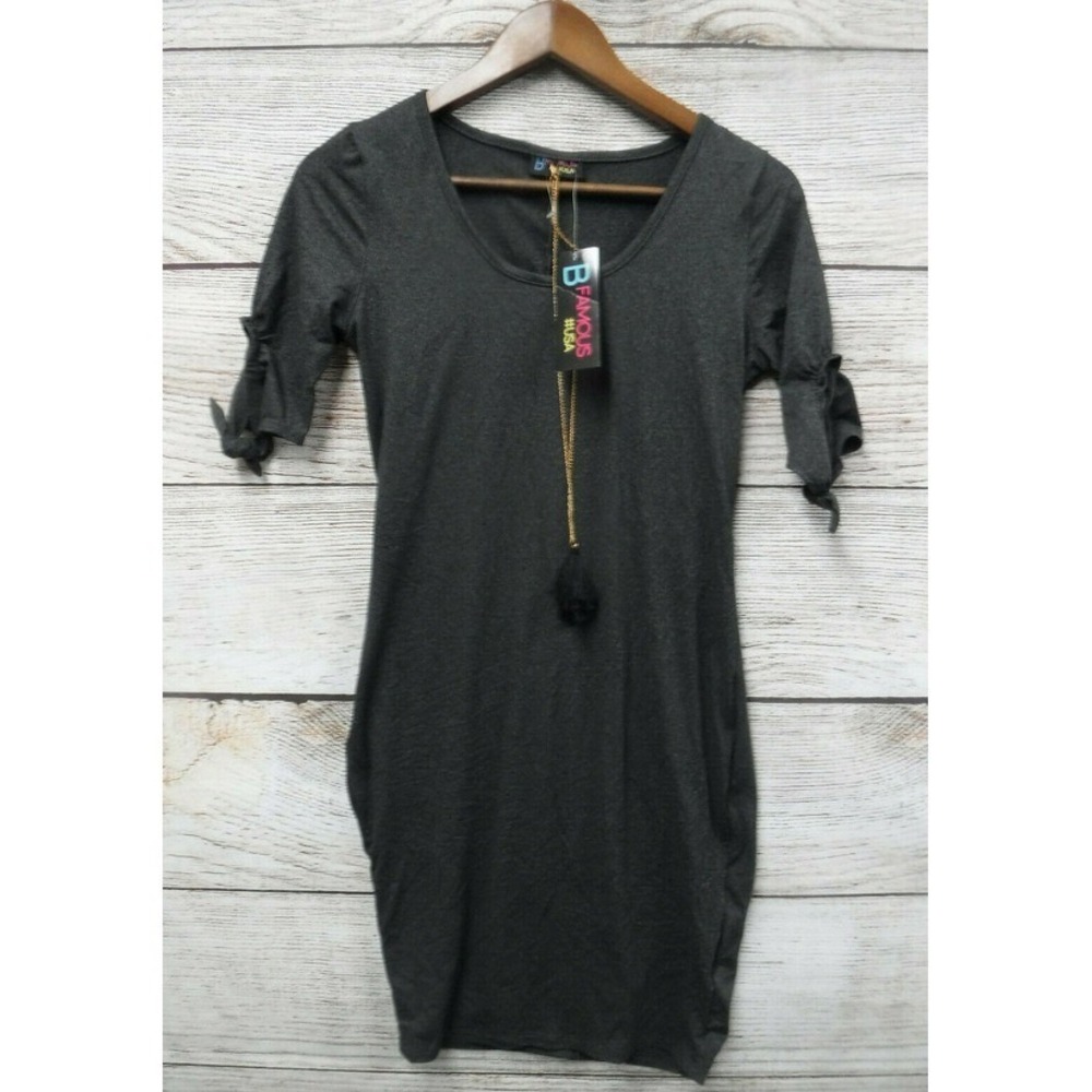 B Famous Dress Womens Size Small Grey Thin Knit Bodycon Dress w/ Necklace New